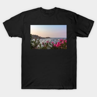 Pink Nerium oleander flowers against Malta's Bay T-Shirt